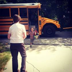 Skyy getting off the bus after first day of school. (:  #firstdayofschool #myson #myboy #skyy #happy #babyboy #bus #busride