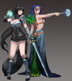cathare-saurus:  Bandit and Lady Pea, showcasing their new adventuring and questing gear! Bandit is debuting her new spellsword outfit – although still with the touch of fan-service thematic for the universe, it’s sporting more armor and protection