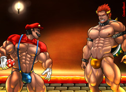 thecrimsonblood:  This is for my friend ObeYecowMy version of human Bowser (koopa) and Hunky Mario. I love designing them and hope someone cosplay them someday XD.Hope you guys like it!!! Art by CrimsonBlood