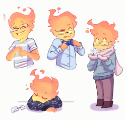 le-poofe:Some doodles I did of young Grillby! I adore the idea of him wearing these huge glasses and having a bunch of freckles, it was too cute not to draw.  