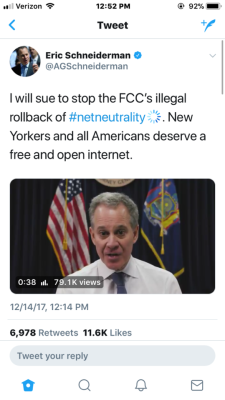 nancy-byers:  Attorney General of NY, Eric Schneiderman, says he will lead a multi state lawsuit against the repeal of Net Neutrality  https://twitter.com/agschneiderman/status/941370862976012288