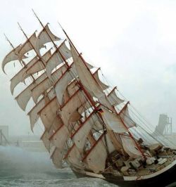 123oleg:  Tall Ship in Heavy Wind. The Pamir was built in 1905 for a Hamburg shipping company. Flying P-Liners and was therefore traditionally baptized into one with “P” name starting on the Central Asian Pamir Mountains.  