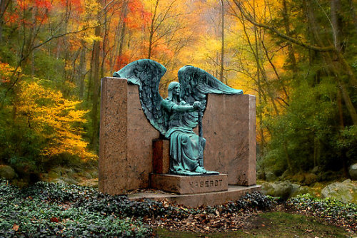 txbabydoll2887:  sixpenceee:  Lake View Cemetery: The Haserot Angel  It’s called the Angel of Death Victorious. Due to an effect of weathering and erosion on the bronze, the statue appears to be weeping black tears at all times.    So very beautiful