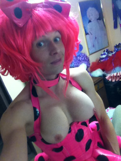 taraemory:  So I was thinking I might revisit and tweak my classic “pink polka dots” outfit..  Maybe not with this exact hair but cranked up a few notches.   A nip and a tuck here, maybe remove the bra cups (I made this originally in 2001 before I