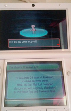 Remember to stop by your local Gamestop bewteen now and February 24th to get a free code to receive a special 20th year Anniversary Mew, which is also the very first Blue Pentagon Mew ever ! This event is going on right now around the world !