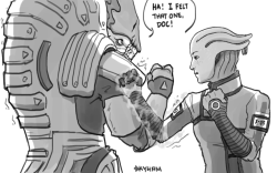 skyllianhamster: Combat sketching with Wrex and Liara, I love their relationship I also hc that he taught Liara hand-to-hand combat tricks to work with her biotics in ME1, and she picked it up quickly which pleased Uncle Wrex very much 