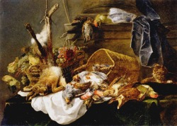 Jan Fyt (Antwerp, 1611 - 1661); Cat, Venison and a Basket of Grapes, c. 1660; oil on canvas, 140 x 100 cm; Musée du Louvre, Paris