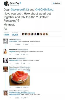 mrs-storm-andrews:  dailybreakingbad:  Aaron Paul tried to settle the Nicki Minaj vs. Taylor Swift beef and ended up starting a Breaking Bad reunionhttp://dailybreakingbad.tumblr.com/  This is pure gold!