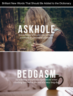 tangledandbent:  onesubsjourney:  tastefullyoffensive:  New Words That Should Be Added to the Dictionary (images via imgur)Previously: Name Improvements for Everyday Stuffcomment on this post  Okay these are pretty genius.  Bedgasm.