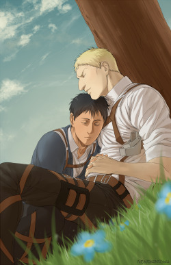 nenekantoku:  my first ReiBert entry for the Attack on Titan zine ✿“Bloom”✿  ! A collaborative fanbook featuring the couples YumiKuri, JeanMarco, ReiBert. The theme of the fanbook is “flowers”!  ☆  Hurry up and get the last copies left while