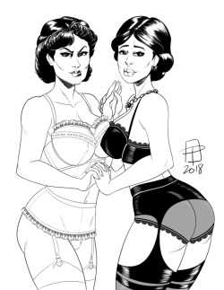 callmepo:Retro-style,  inked pin-up commission for describe of two Graham Ingels characters: Irma Leechman (Vault of Horror) and Marie Mataud (Tales from the Crypt #25).