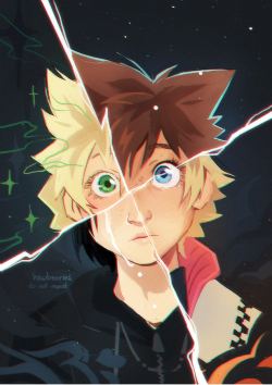 hawberries:  how many halves make up a whole?[alt: a digital  portrait of a single face split into quarters with a white X. in each of  the quadrants, a different character is represented: ventus, sora,  roxas, and xion.]
