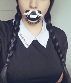 misslittledm:  Little Miss Spookiness 👻 Perfect pacifier for a dark little as myself 🕸   Paci by @mistressmagnolia ❤  *Please, do not remove caption*
