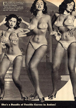burleskateer:  She’s a Bundle of Terrific Curves in Action! Dorian Dennis appears in the pages of an unidentified 50’s-era Men’s Mag.. 