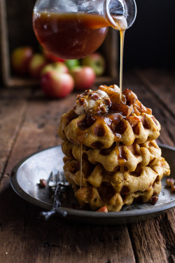sweetoothgirl:  Overnight Cider Pumpkin Waffles w/Toasted Pecan Butter, Cider Syrup + Spiced Apples 