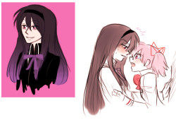 messy AU doodles inspired by evil!homu reveals gaspp the plot is the common magical girl trope of an evil magical girl that messes shit up and then the good magical girls need 2 stop her and turn her to the side of good and maybe the leader one kisses