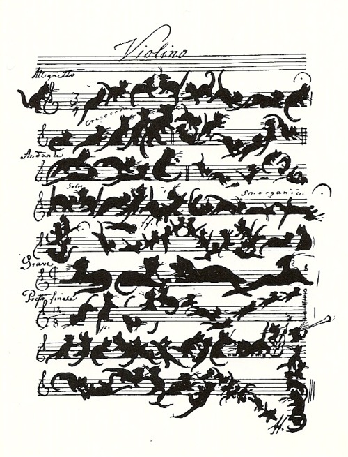 gltsmoking: ‘Cat Violin Score’ by Moritz von Schwind entitled  'Zukunftsmusik’   (Music of the Future). Term coined by Wagner parodying Wagner’s concept.  Von Schwind was in Schubert ’s circle of friends. 1804-1871,  Austrian  painter.  