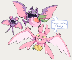 ginsengandhoney: wanted to make alolan forms for the zubat line since sun and moon first came out but never got around to it till now lmfao  they’re fairy/flying type and changed due to their diet of fruit juice. they’re based off fruit eating bats