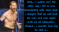 wrestlingssexconfessions:  OMG… I watch NXT the other day i fell in love immediately with Sami Zayn. I imagine that he will fuck me over and over again until we all exhausted… Oh,God… I wonder how big his dick is…  That was the first thing that