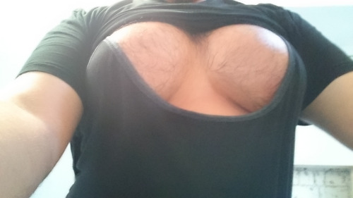 omgknutson: omgknutson:  wearing a spaghetti top under my shirt. It feels great to have that kind of cloth rubbing against my nipples all the time. gets them constantly hard as fuck.  tell me guys: is that a cleavage or what? :) 