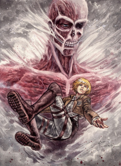 doodledominic: Who would’ve guessed that eventually, Armin will become the host of the Colossal Titan. I actually thought his Colossal Titan form would have blonde hair. Haha! But chapter 93 shows that’s not the case. Watercolor. 