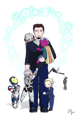eikuuhyoart:  AND IT IS DONE!! Daddy Stark and his robotic kids! I’ve sent off the file to the printer and I’ll have this 11x17 print at Anime Expo! :D :D :DEdit: once again, tumblr reeeeaaally likes to mess with the picture’s colors and resolution