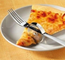 odditymall:  Fork With A Pizza Cutter  For when you wanna feel fancy.