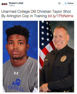 thahalfrican:  dookiediamonds:  revolutionarykoolaid:  Save Our Kids (8/8/15): Christian Taylor, a 19-year old college football player was gunned down by police early Friday morning in Arlington, TX. Christian crashed his vehicle into a car dealership.