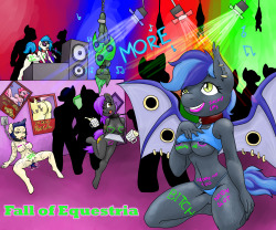 thefallofequestria:  Thanks to everyone that responded to the casting call! I’m not done with that yet, so expect a few more of my favorites soon. This piece has line art by Poprocks (whose OC is cameo-ing in the center), and colors by Smudge Proof.