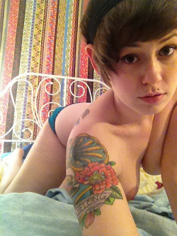 pixiedreamgirl from mygirlfund posing topless on her bed in this hot self-shot pic