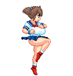 Busty oppai girl hentai fighter twirling around with a kick that causes her skirt to fly up showing her panties.