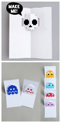truebluemeandyou: DIY Halloween Popup Card Printables from Minieco. DIY Skull Popup Card Printable here.  DIY Pacman Ghost Printables here. There are printables for Inky, Blinky, Pinky and Clyde and two printables for the vulnerable ghosts.  