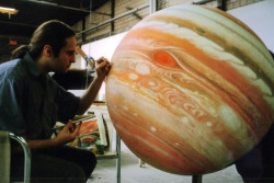 humanoidhistory:  Artist Jack Molk paints a model of Jupiter for a German FX company. It took more than a week to finish the faux planet, which was then filmed using a motion control camera. (Jacklionheart) 