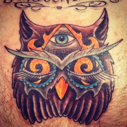 fuckyeahtattoos:  The beginning of my Fiance’s chest piece. An awesome owl head with the “all seeing” eye upon his head. No real meaning behind this just the beginning of a bad ass tattoo.This was done in a town right outside of Nashville, Tennessee.Famil