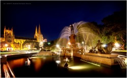 Sculpted waters (Archibald Fountain in Hyde Park, Sydney, Australia; St. Mary&rsquo;s Cathedral is in the background)