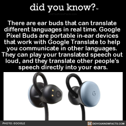 did-you-kno:  There are ear buds that can translate  different languages in real time. Google  Pixel Buds are portable in-ear devices  that work with Google Translate to help  you communicate in other languages.  They can play your translated speech out