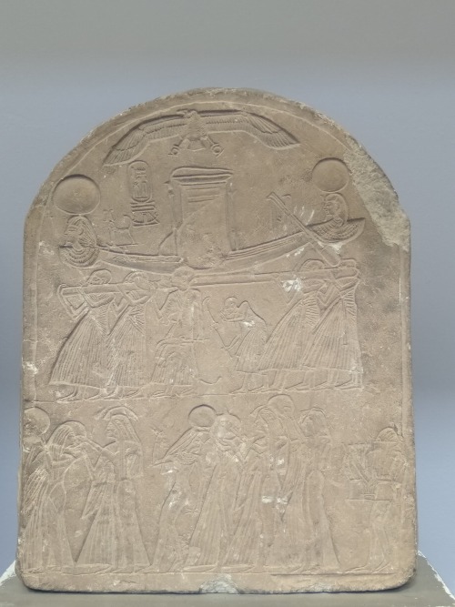 egypt-museum:    Stele of King Ramesses IIThe stele depicts priests carrying the barque of the king, and on the lower register female musicians playing with tambourines. New Kingdom, 19th Dynasty, reign of Ramesses II, ca. 1279-1213 BC. Limestone, from