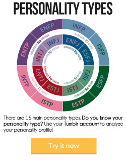 This application tells you your personality type by looking at your Tumblr account. Go to http://bit.ly/FindPersonality and see what personality type your Tumblr says you are! Find out your personality type! This is my result: INFP personalities are true