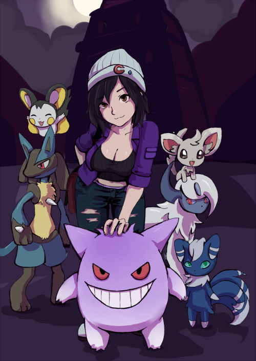 A birthday present for my friend Morgan. Featuring, of course, his trainer (genderbent) and his pokedudes, preparing for a battle outside of Lavender Tower or Pokemon Tower or whatever it’s called!  And his Gengar is shiny, lawl. 