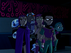 tarisilmarwen:   TT/TTG! RobStar parallels: Clinging to him for security.   {Can I just point out how much I love that their clinging to Robin and Raven? its like Raven and Robin are the mommy and daddy, Cyborg is the cool older brother, starfire is the