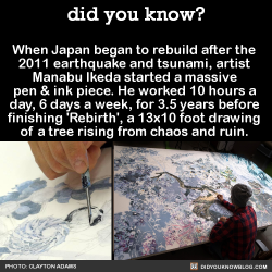 did-you-kno: When Japan began to rebuild after the 2011 earthquake and tsunami, artist  Manabu Ikeda started a massive  pen &amp; ink piece. He worked 10 hours a  day, 6 days a week, for 3.5 years before  finishing ‘Rebirth’, a 13x10 foot drawing