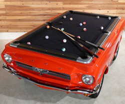 hi&ndash;blondie:  awesomeshityoucanbuy:  Ford Mustang Pool Table Play a game of billiards on one of the greatest pony cars to ever grace the auto industry – the legendary 1965 Ford Mustang. These custom made Mustang pool tables comes with real chrome