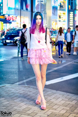 tokyo-fashion:  6%DOKIDOKI shop girl Manon on the street in Harajuku wearing a knit top from DelilaH with a tiered skirt, fishnets, and 6%DOKIDOKI accessories. Full Look 