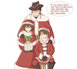 ask-mama-rivaille:   This was so fucking painful.Transparent Christmas Card from the Ackermans  //Two things that are essential to understand on this post: Mikasa could not wear her scarf and Levi is short.   