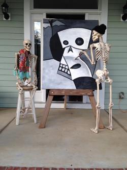 caroling24:  spookydeerchild: kristenraemiller:  For the month of October ‘til Halloween, my dad changes up the scene of these 2 skeletons on his front porch each day for the neighbors to check out. Very creative!  Peaceful times before the skeleton