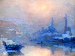 dappledwithshadow:  The Effect of Snow over the Seine at L'île LacroixAlbert Lebourg - Date unknown Private collection	Painting - oil on canvas Height: 60 cm (23.62 in.), Width: 81 cm (31.89 in.) 