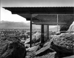 subtilitas:  Albert Frey - Frey house II, Palm Springs CA 1965. The bottom shot shows the famous bolder intersecting the bedroom, with the light switch installed directly on the stone (previously). Via, 2, 3, photos &copy; Julius Shulman. 
