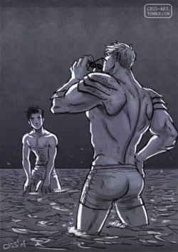cris-art:    a Sketch, Hulkling and Wiccan at the beach.  I hope you like! :P  
