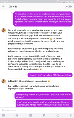 thebellygoddess:  I sell things, it’s my job. This guy has been hounding me for months saying he’s gonna pay, buy this or that, and then never does. And he gets so butthurt when I say I’m not gonna shoot the shit and chat for free. I’m not looking