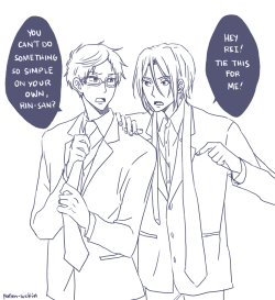 fallen-lucifiel:  When Rei gets really talkative, he forgets things are still happening… What am I doing? It’s 7am and I’m still drawing RinRei. I need to sleep!  ಥ‿ಥ They’re wearing the secret agent outfit but I’m too lazy to shade everything